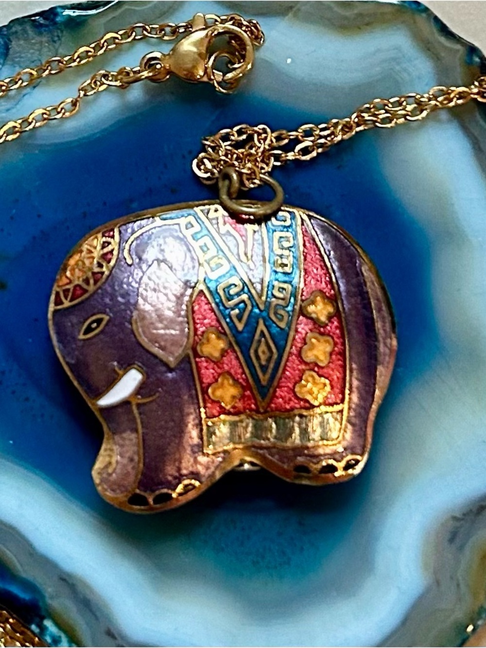 Vintage Cloisonné Enamel Elephant Pendant on Gold-tone Chain